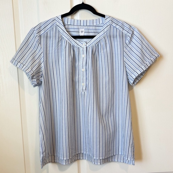Gap Roll Sleeve Quarter Button Front Top Blue Striped 100% Cotton Women’s XL - Picture 6 of 11